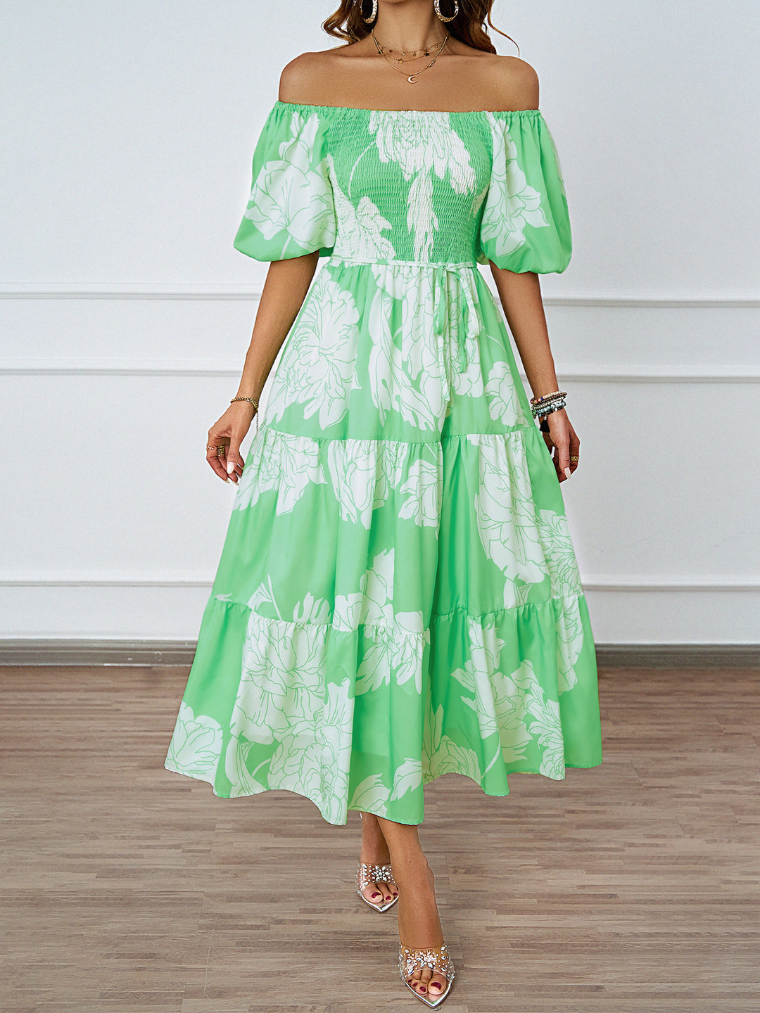 Maxi Dress for Women with Off-Shoulder, Voluminous Sleeves and Chic & Stylish Print