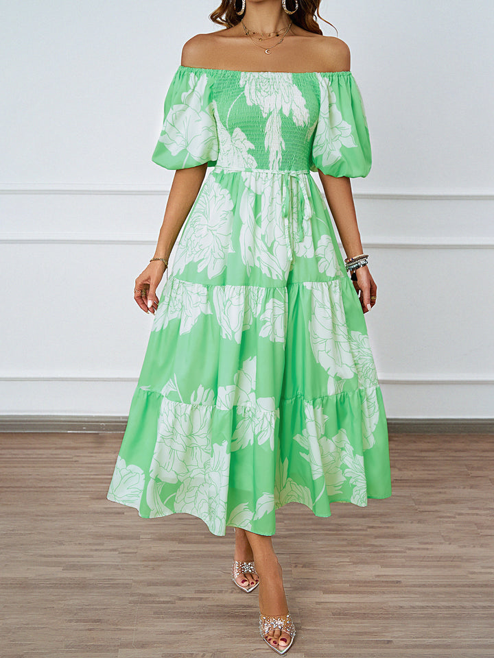 Maxi Dress for Women with Off-Shoulder, Voluminous Sleeves and Chic & Stylish Print