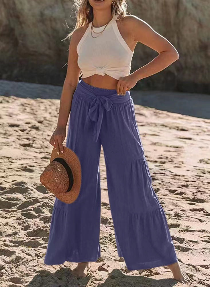 Airy Palazzo Pants for Women with Elastic Waist and Practical Tying Belt Lune London