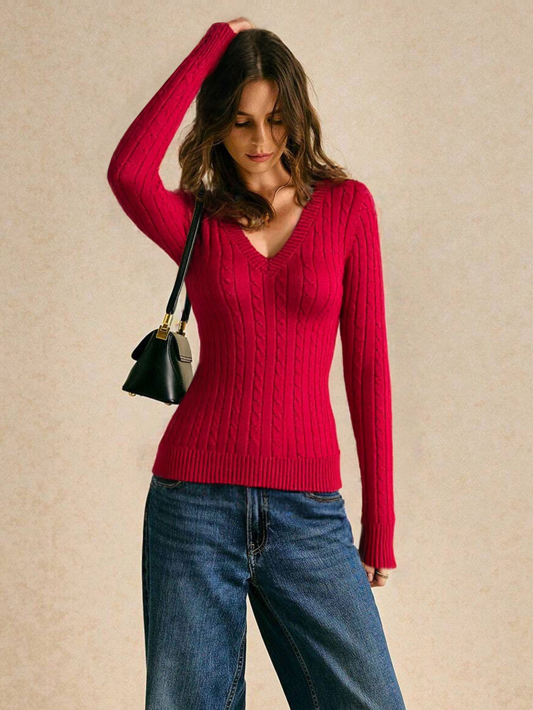 Pull en tricot pour femmes avec décolleté en V et motif en côtes Chic & Stil