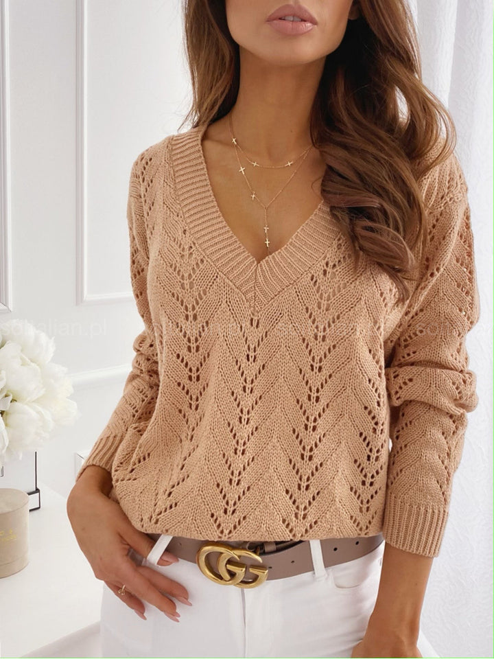 Knit V-neck sweater for women with romantic cable pattern Lune London