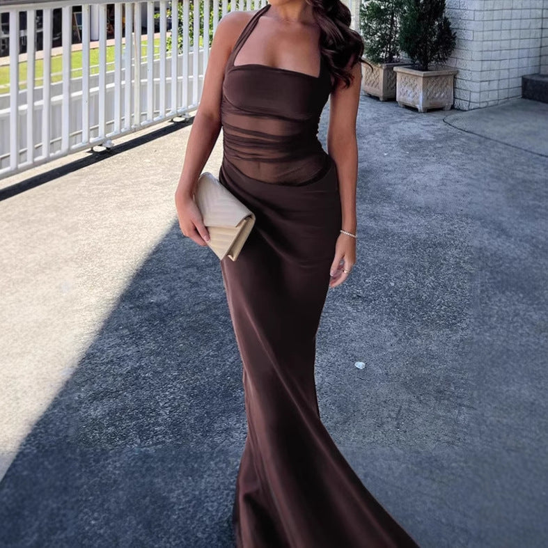 Ladies Elegant Maxi Dress with Off-Shoulder Design and Sheer Inserts Lune London