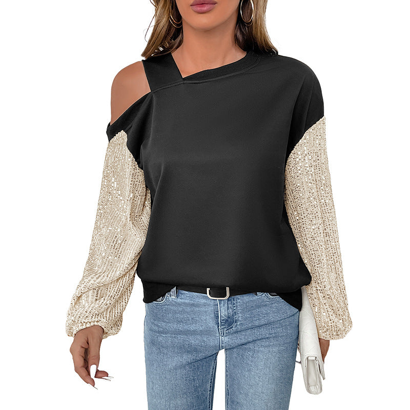 Pull féminin dénudé des épaules avec des manches en sequins glamour Chic & Stil