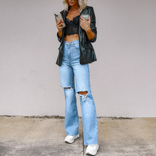 Casual high-waisted flared jeans for women with distressed details Lune London