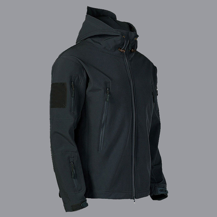 Technical softshell jacket for men with multifunctional pockets and adjustable hood system Lune London