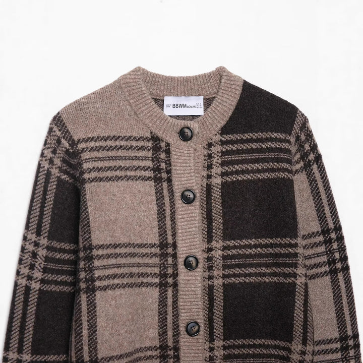 Ladies checkered cardigan with button placket and soft material Lune London