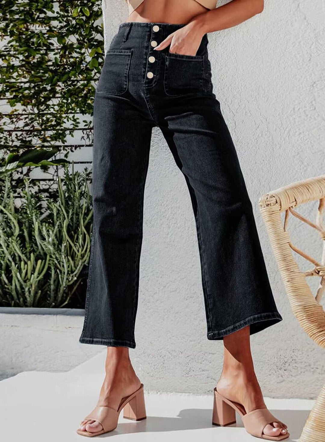 Women's High-Waist Jeans with Button Detail and Wide Leg Lune London