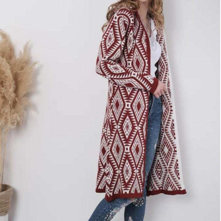 Women Long Knitted Cardigan with Chic Geometric Pattern and Style
