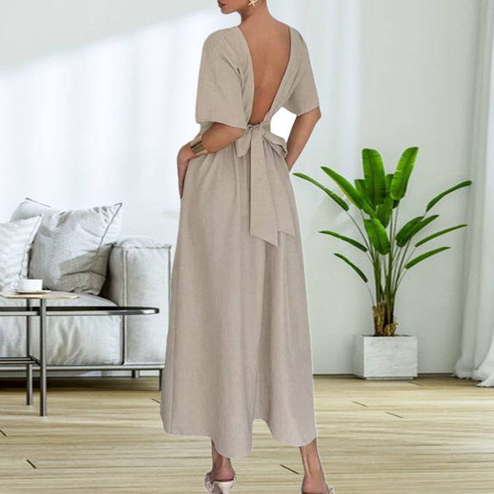 Elegant midi dress for women with back neckline and bow ribbons Lune London