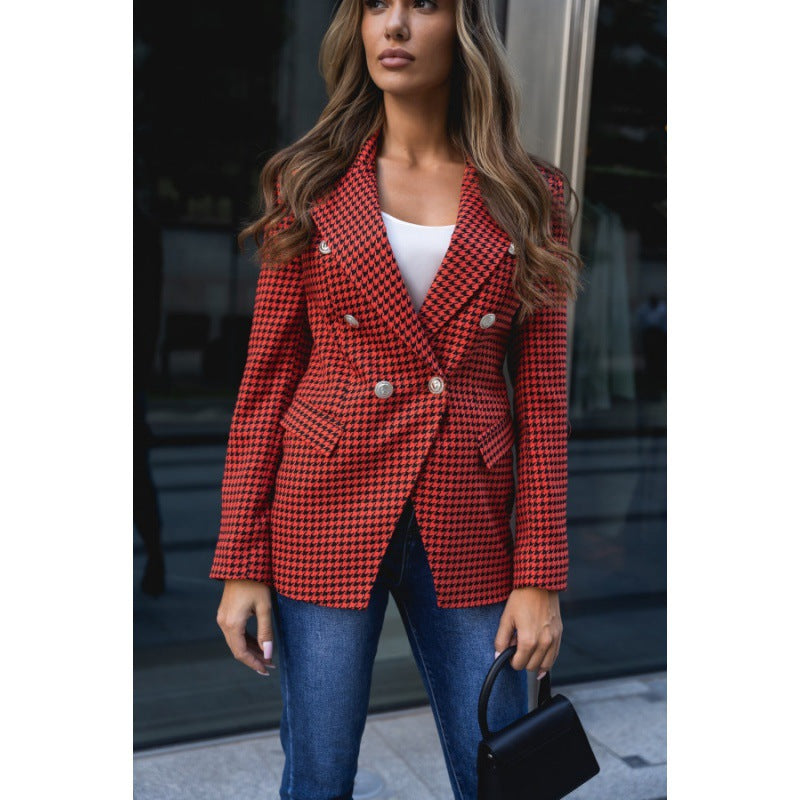 Chic checkered blazer jacket for women with double-breasted buttons and fitted silhouette Lune London