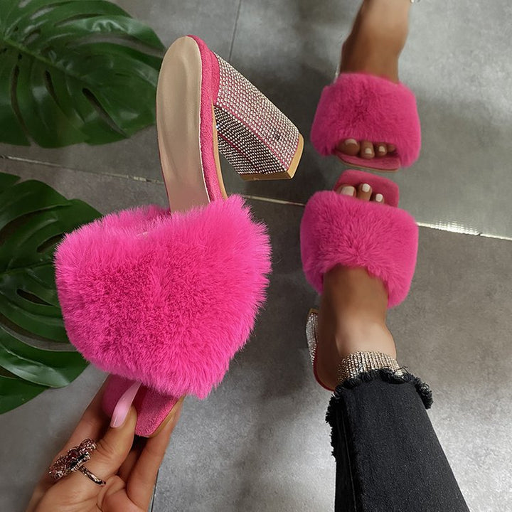 Glamorous mules for ladies with soft faux fur and sparkling heel Lune London