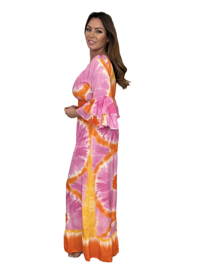 Ladies Elegant Maxi Dress with Floral Pattern and Deep V Neck Lune London