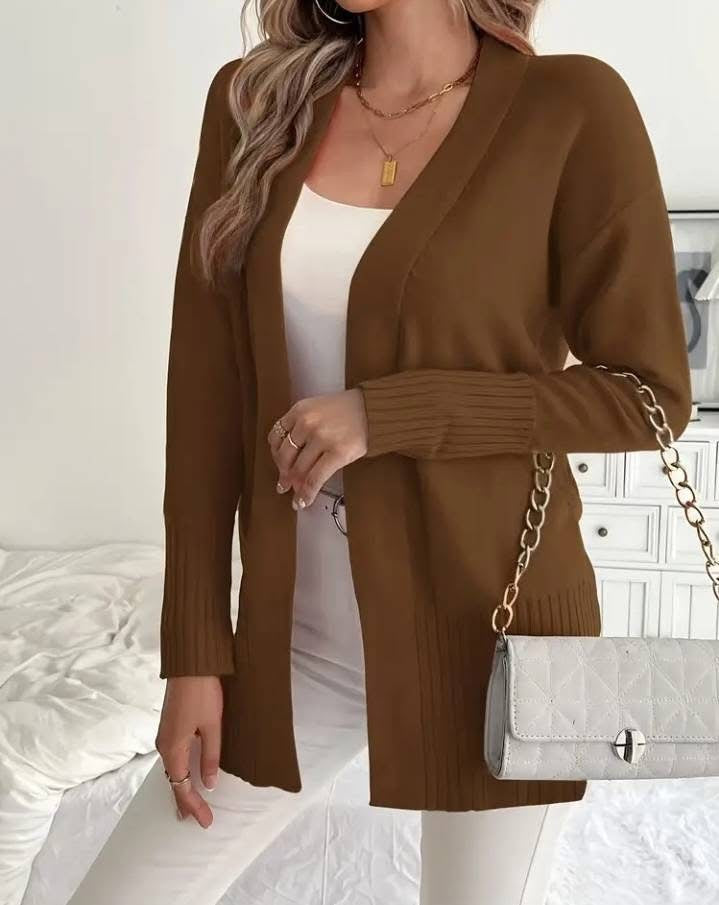Ladies Long Knit Cardigan with fine ribbed details and a relaxed fit Lune London