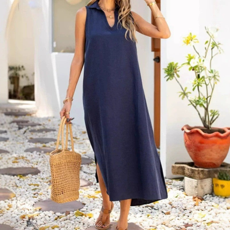 Maxi dress for women with V-neck and side slits Lune London