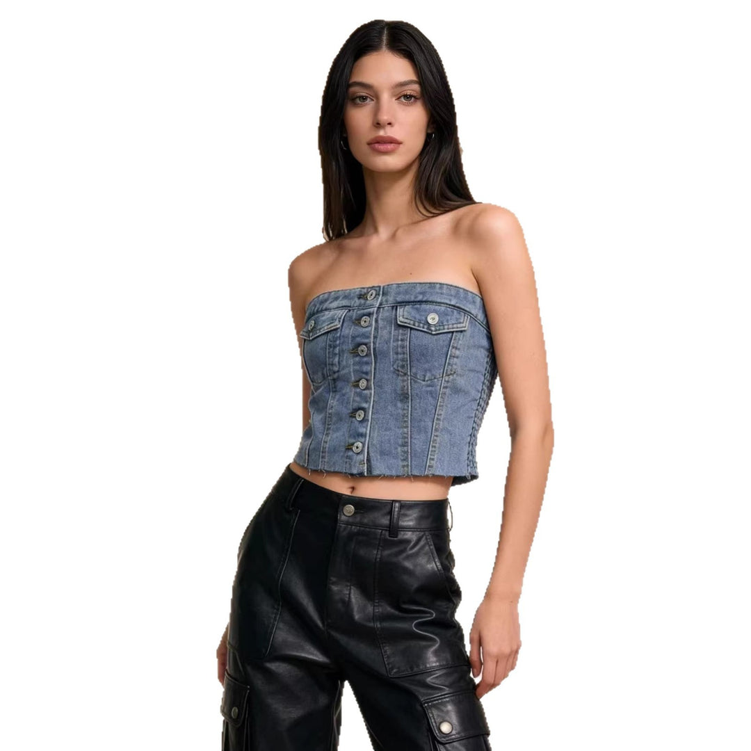 Women Denim Bustier Top with Button Detail and Fringes Lune London