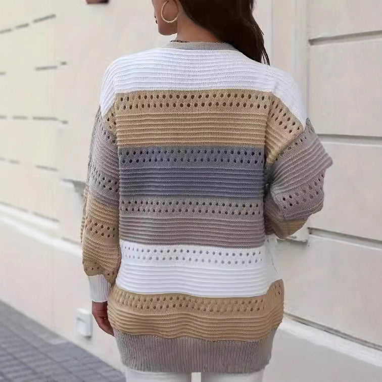 Cardigan en tricot large pour femmes avec un motif en dentelle unique et un design en blocs de couleur Chic & Stil