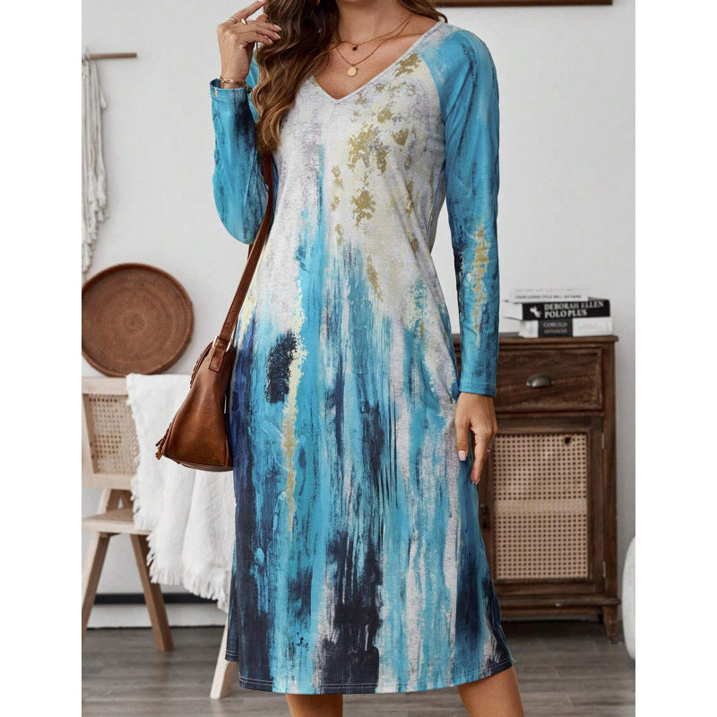 Long sleeve maxi dress for women with colorful abstract pattern Lune London