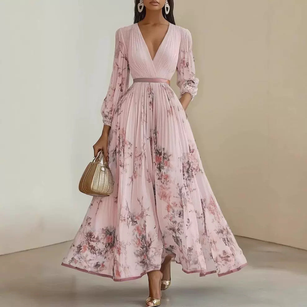 Women Magnificent Maxi Dress with Deep V-Neck and Floral Design Lune London