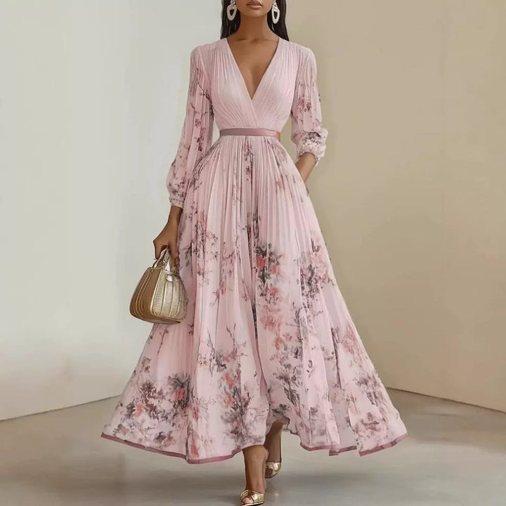 Women Magnificent Maxi Dress with Deep V-Neck and Floral Design Lune London