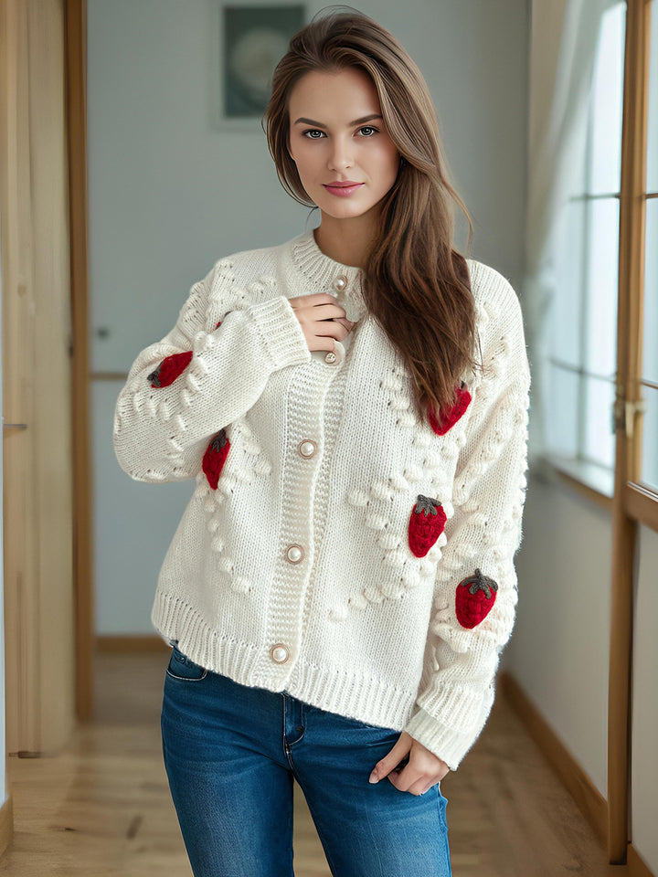 Knit jacket for women with a playful strawberry pattern and Lune London button details