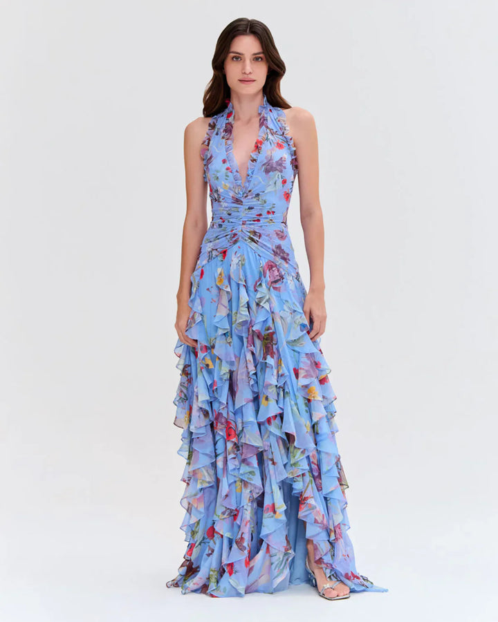 Women's Romantic Maxi Party Dress with Voluminous Ruffle Details