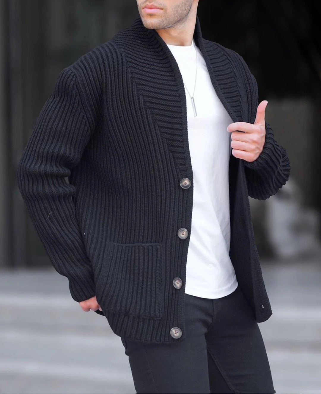 Knit jacket for men with plunging neckline and buttons Lune London