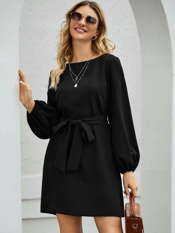 Ladies Elegant Dress with Balloon Sleeves and Waist Belt Lune London