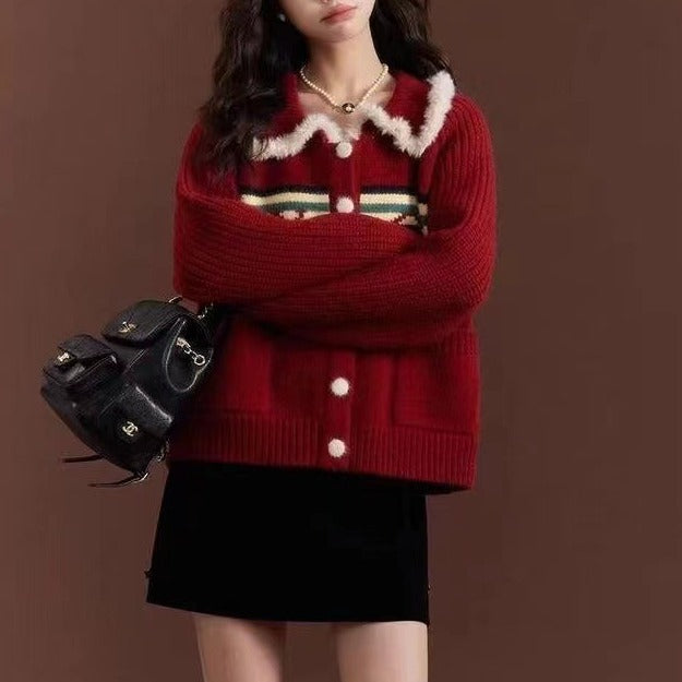 Knit jacket for women with a colorful pattern and a fluffy collar Lune London