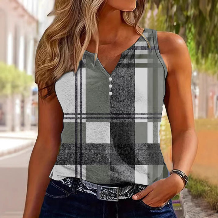 Sleeveless top for women with V-neck, decorative button detail, and modern plaid pattern Lune London