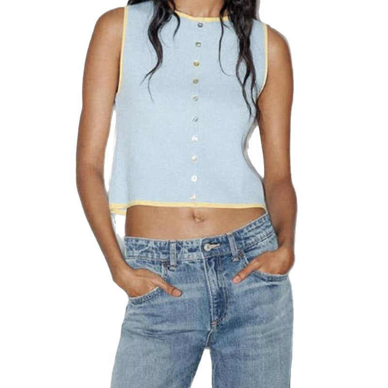 Lune London women's sleeveless knit tank top with decorative button details