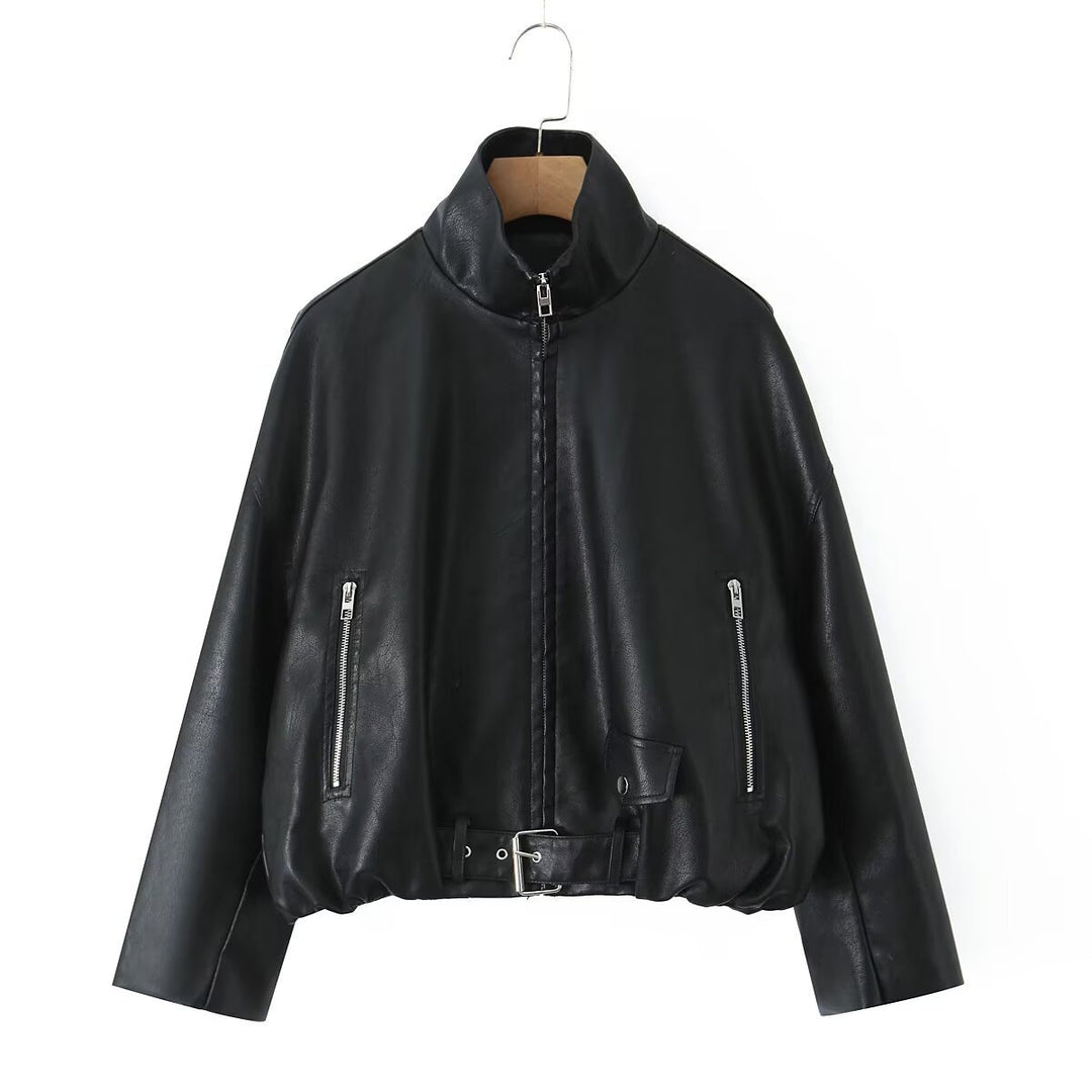 Veste en faux cuir pour femmes avec col montant et design unique Chic & Stil