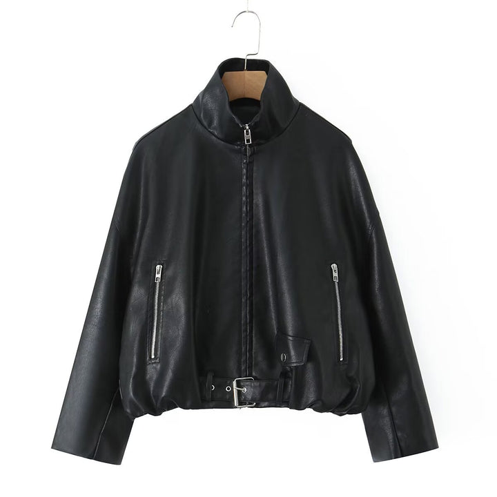 Veste en faux cuir pour femmes avec col montant et design unique Chic & Stil