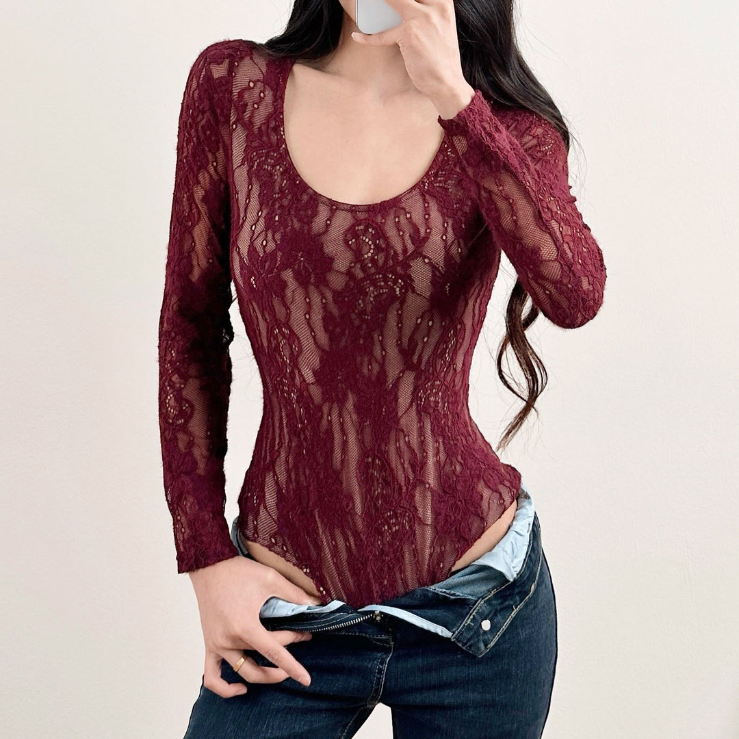 Women's crochet bodysuit with transparent lace pattern Lune London