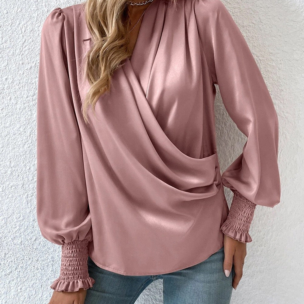 Elegant woman blouse with draped design and narrow sleeves Lune London