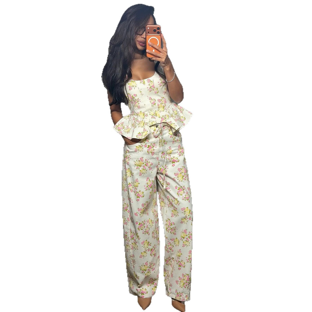 Women's Two-Piece Set with Floral Top and Wide-Leg Pants