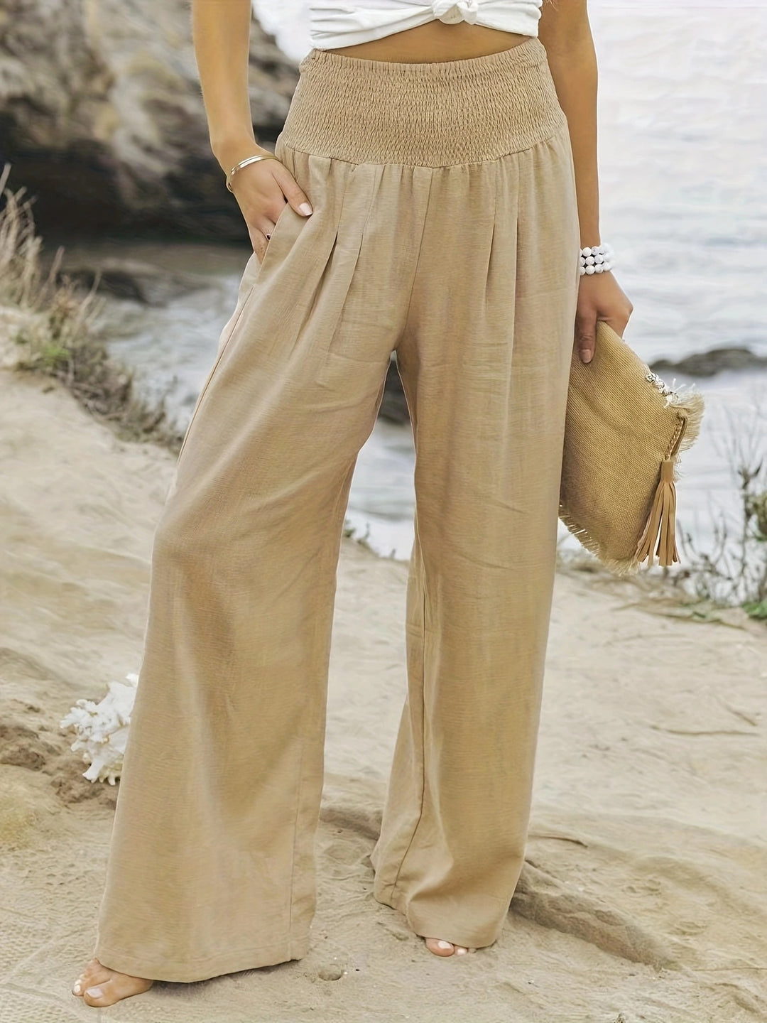 Loose summer pants for women with elastic waist and elegant draping Lune London