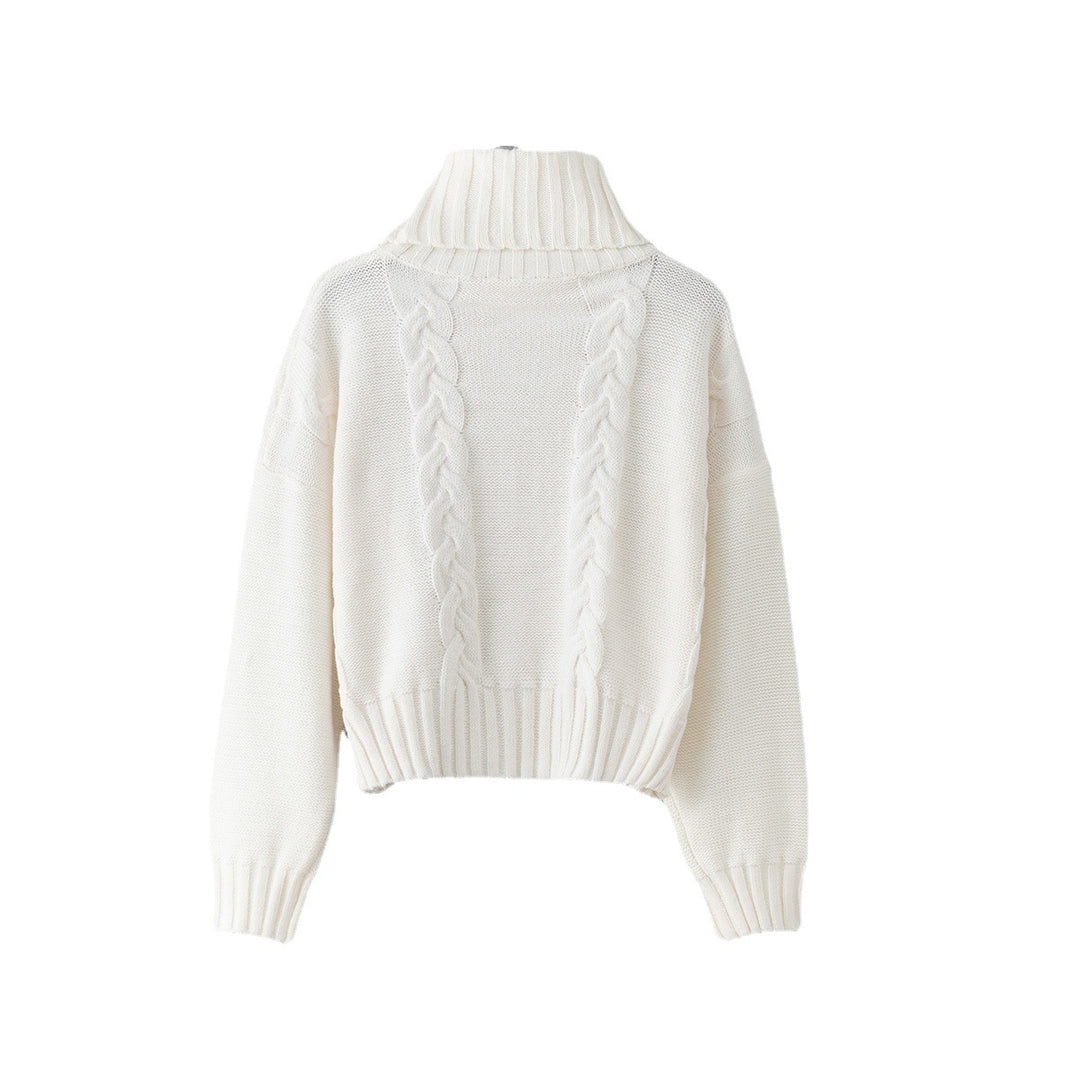 Chunky knit sweater for women with high collar and unique cable pattern Lune London