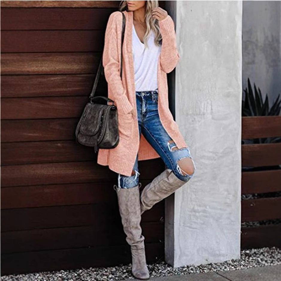 Women Long knitted cardigan with open front and cozy texture Lune London