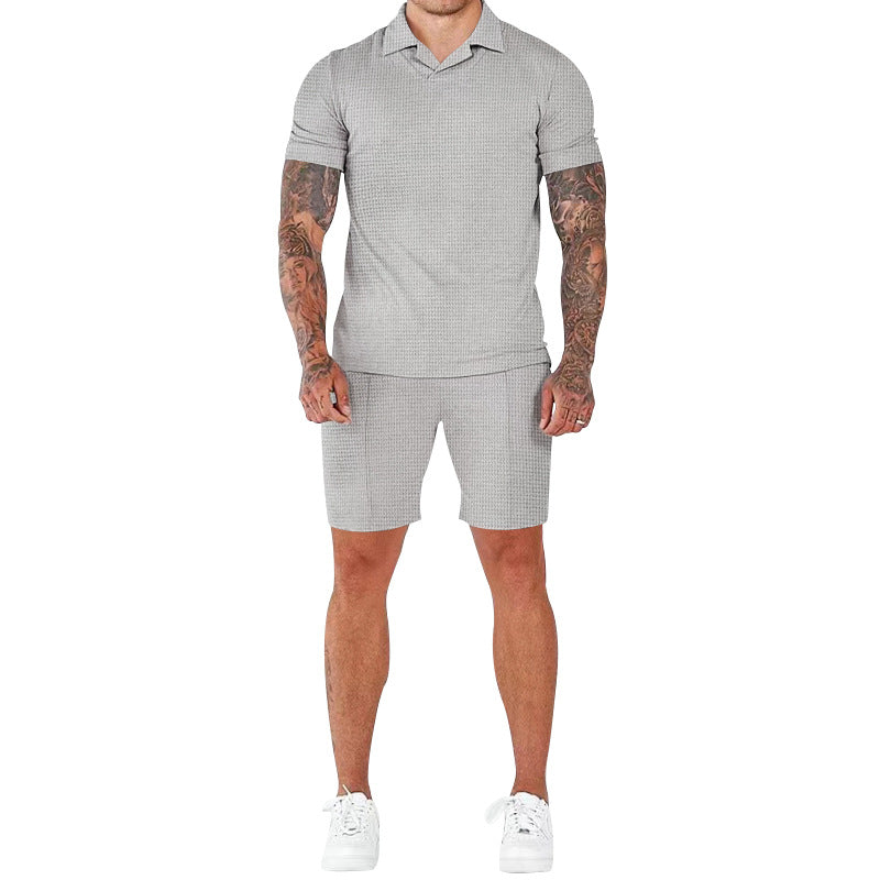 Casual short-sleeve men’s set with textured design and modern mock collar Lune London