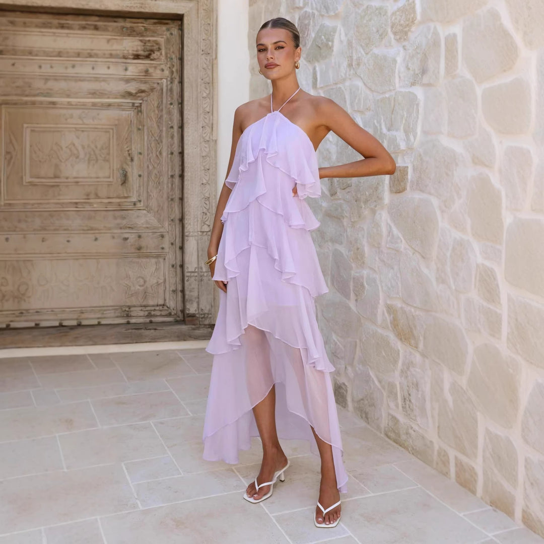 Robe maxi femme avec superposition élégante et volants floraux Chic & Stil