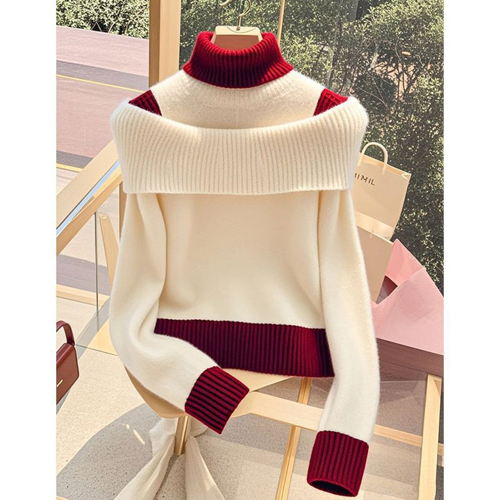 Pull pour dames avec col montant large et contraste de couleur décoratif Chic & Stil