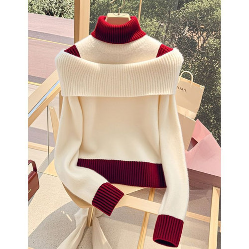 Pull pour dames avec col montant large et contraste de couleur décoratif Chic & Stil