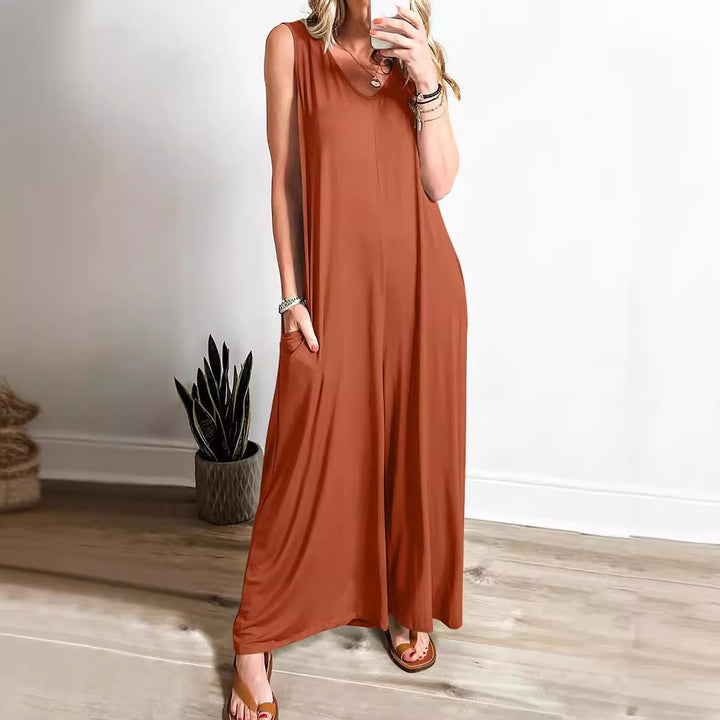Ladies lightweight jumpsuit with deep V-neck and side pockets Lune London