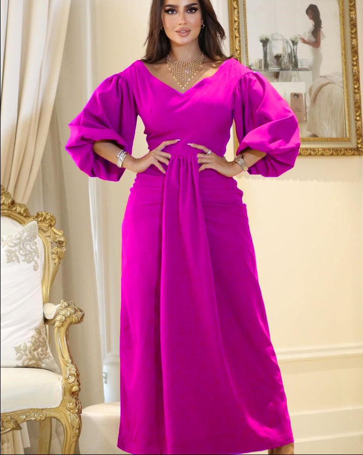 Ladies Elegant Maxi Dress with Voluminous Sleeves and Chic Fitted Draping Style