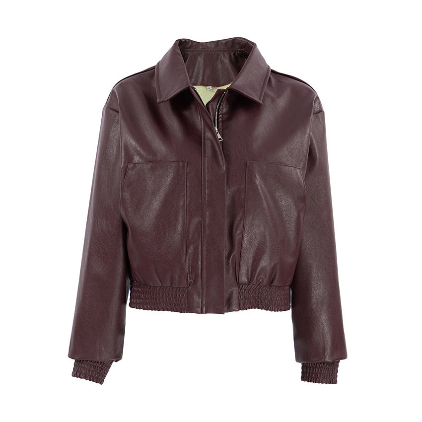 Trendy synthetic leather jacket for women in an oversized style with elastic belt Lune London