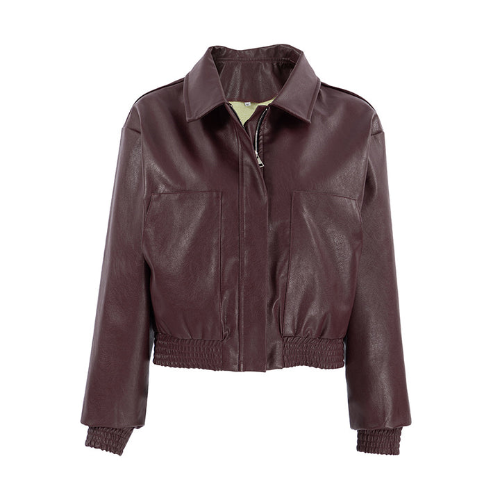 Trendy synthetic leather jacket for women in an oversized style with elastic belt Lune London