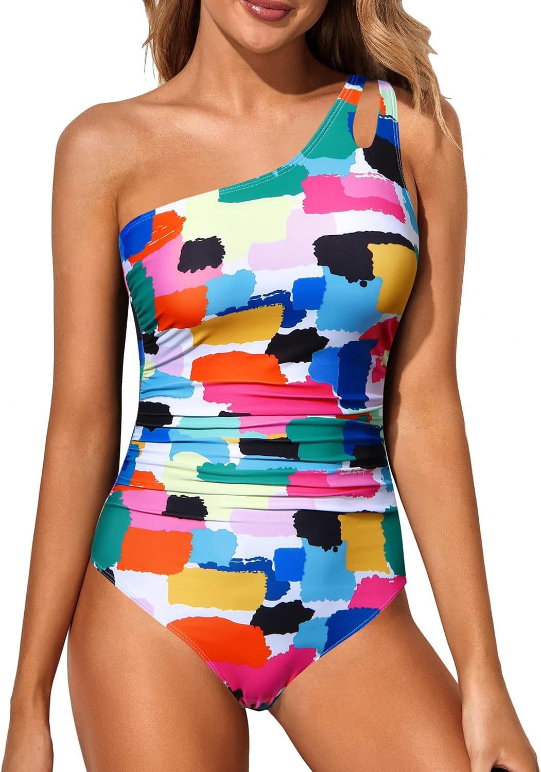 Women's one-piece swimsuit with asymmetrical neckline and fashionable mesh trim Lune London