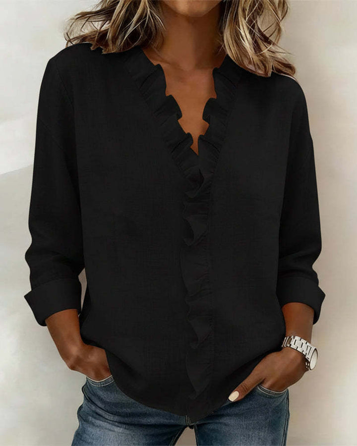 Women's romantic blouse with ruffle details and V-neck Lune London