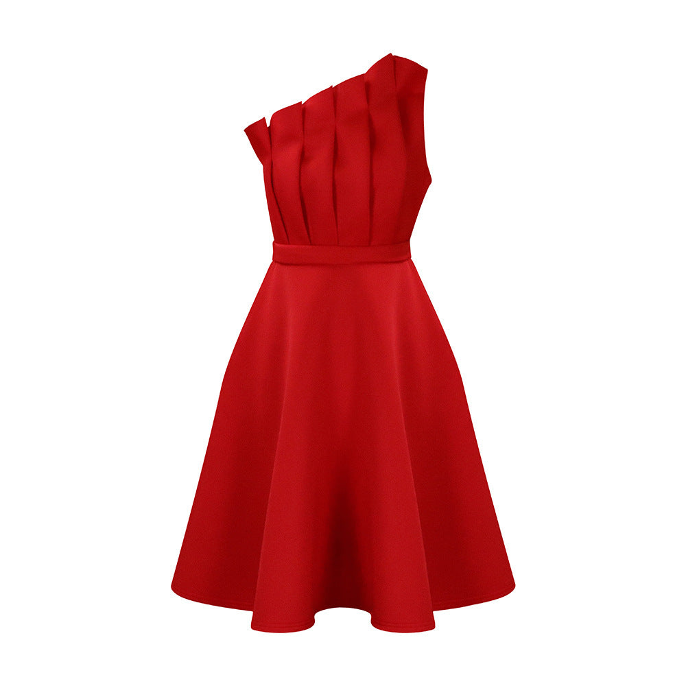 Charming one-shoulder dress for ladies with draping and fitted belt Lune London