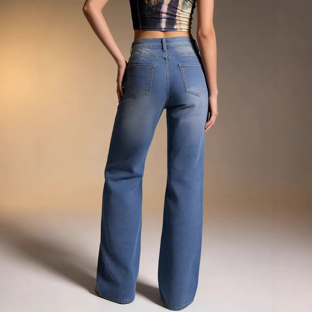 Women wide denim pants with vintage wash and high-waisted waistband Lune London